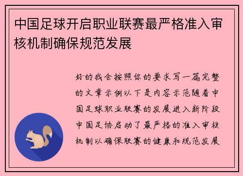 中国足球开启职业联赛最严格准入审核机制确保规范发展 中国足球开启职业联赛最严格准入审核机制确保规范发展