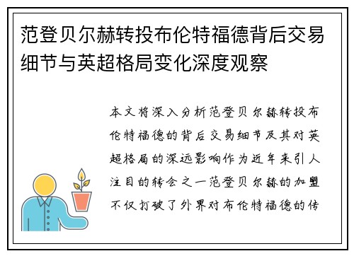 范登贝尔赫转投布伦特福德背后交易细节与英超格局变化深度观察 范登贝尔赫转投布伦特福德背后交易细节与英超格局变化深度观察